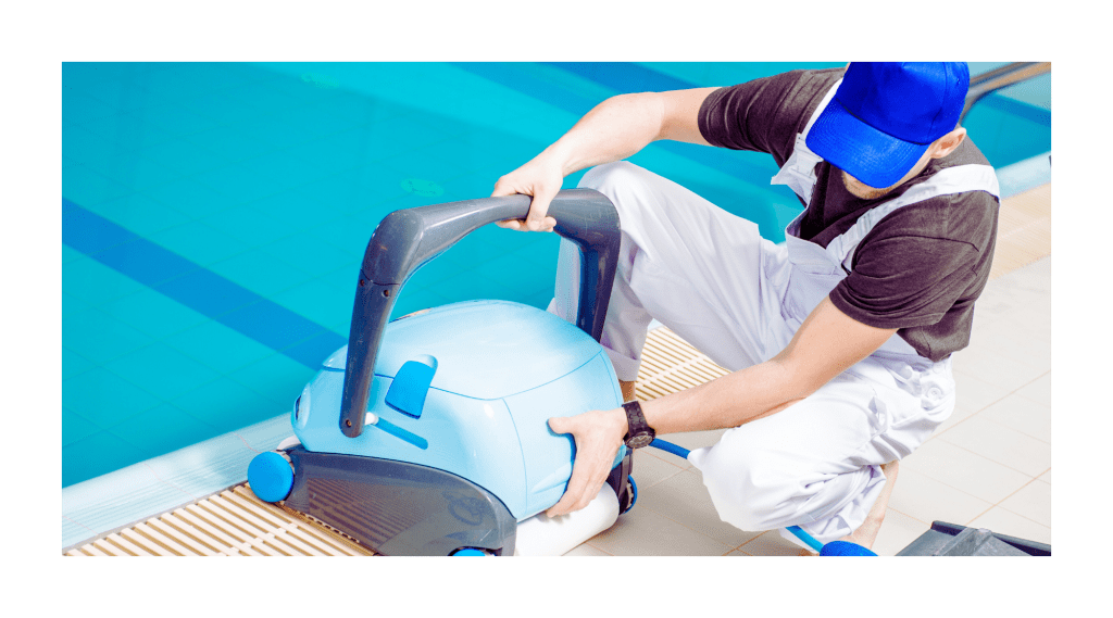 robotic vacuum banner. guy in a blue hat touching a pool robotic vacuum by the pool side